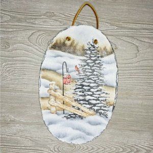 Hand painted artisanal slate slab with Christmas scene and tree plaque